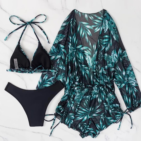 3 Piece Swimsuit Leaf Print Halter Drawstring Side Bikini Set with Cover Up - Picture 3 of 12